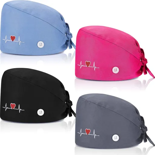 4 Pieces Working Cap with Buttons, Unisex Bouffant Working Hat with Adjustable Sweatband