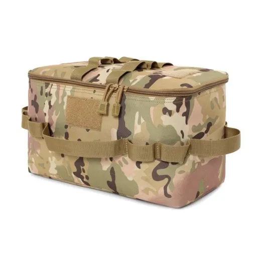 Camouflage Camping Gear Storage Bag (34 x 17 x 19 cm) Portable Outdoor Organiser with Removable Dividers, Mesh Pocket and Carry Handles for Cookware and Picnic Gear