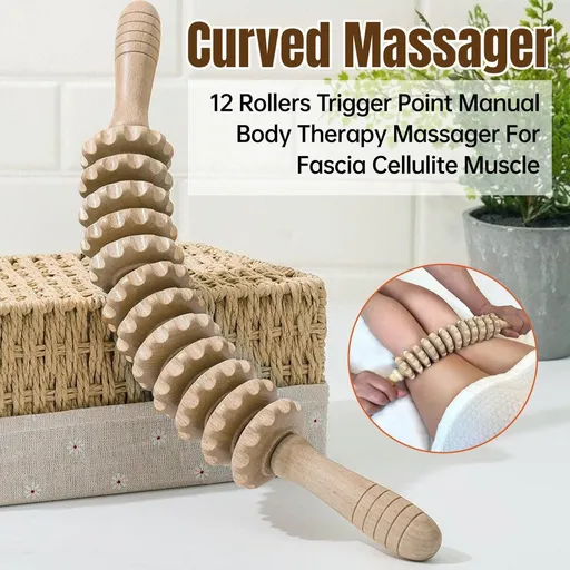 Wooden 12Roller Massage Stick Meridian Therapy Neck Back Thigh Muscle Relaxation