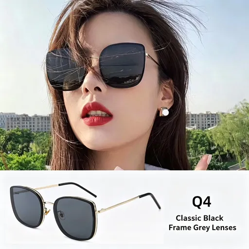Q4 Black Frame Gray Lens | UV400 Blocking Sunglasses | Christmas Face-Flattering Gift | Oversized Frame Slimming Effect Sun Glasses