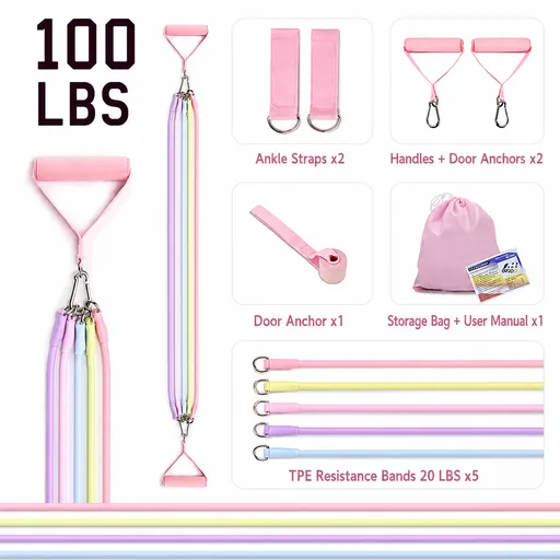 Women's Multifunctional 100 lbs Resistance Band Set with Storage Bag, Foam Handles and Ankle Straps for Home Fitness & Pilates Workout (Pink Macaron Carabiners Style)