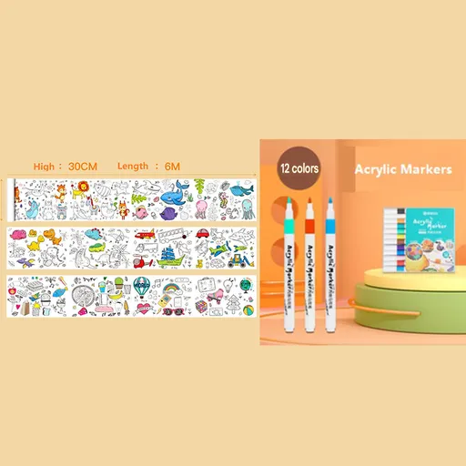 2 Piece- 6M Coloring Scroll Drawing Paper and 12-Color Marker Set, Giant Doodle Art Mural for Wall, Jumbo Coloring Poster Roll, Creative Art Activity