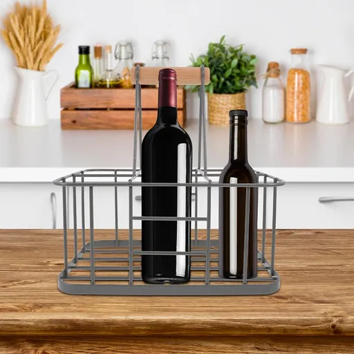 Kitchen Milk Bottle Holder Doorstep, Milk Crate, Wire Metal with Wooden Handle, Grey-Beer Basket Metal Wine Rack Basket Wine Wood