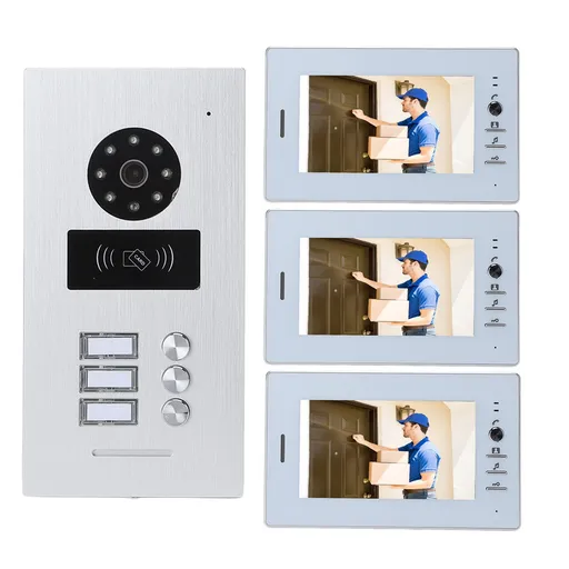 Video Doorbell System 1080P Night Vision Card Swiping 7 Inch Color Screen Wired Intercom Video Display Doorbell with 3 Indoor Unit 100‑240V EU Plug