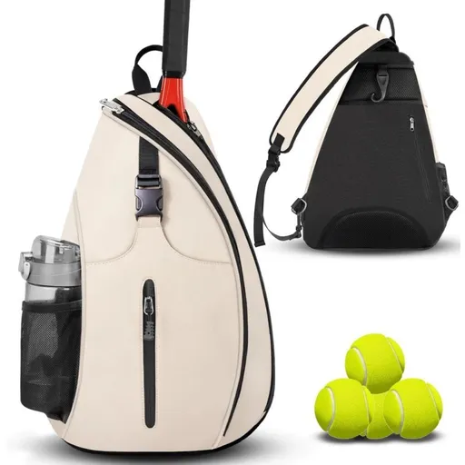 Beige Tennis Pickleball Sling Bag - Crossbody Racket Backpack for Men & Women (33x14x49cm)