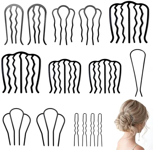 15 Piece U Shape Metal Hair Stick Set for French Twists, Black, 7 Sizes