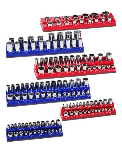 Magnetic Socket Organizer Set, 6PCS Socket Holder, 1/4'', 3/8'' & 1/2'' Metric SAE Socket Trays with Clear Labels, Hold up to 143PCS Standard & Deep Sockets, Blue & Red (Sockets Not Included)