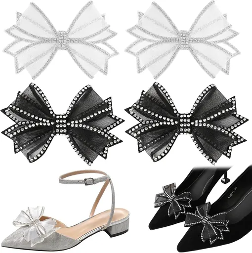 2 Pairs Bow Shoe Clips for Women Dress Shoes Mesh Bow Rhinestone Shoe Clip Detachable Classic Fashion Sparkling Bow Heels Shoe Charms Bridal Wedding Party Crystal Shoe Buckles