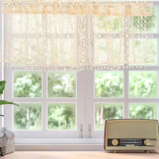 Beige Crochet Window Curtain Tassels Simple Installation for Home