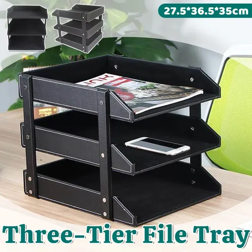 3 Tier Faux Leather File Tray Desktop Document Organiser 36.5x27.5x35cm