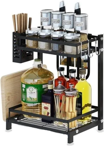 2-Tier Kitchen Spice Rack Organizer Storage Shelf Multi-Functional Sturdy Metal Construction Black