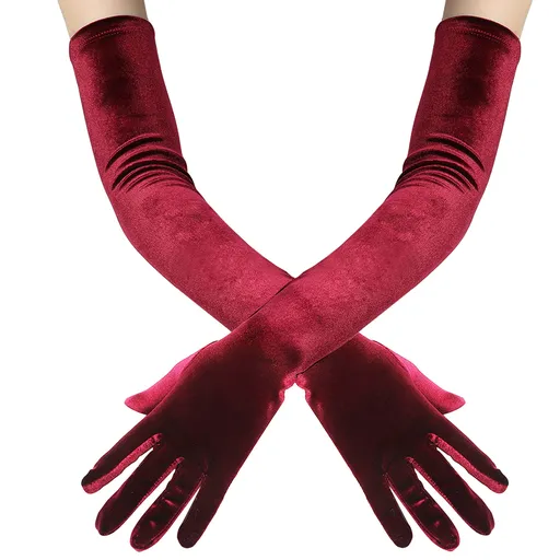 Long Velvet Gloves Women Touchscreen Stretchy Special Occasion Costume Evening Opera Gloves（Wine red color, length 53cm）
