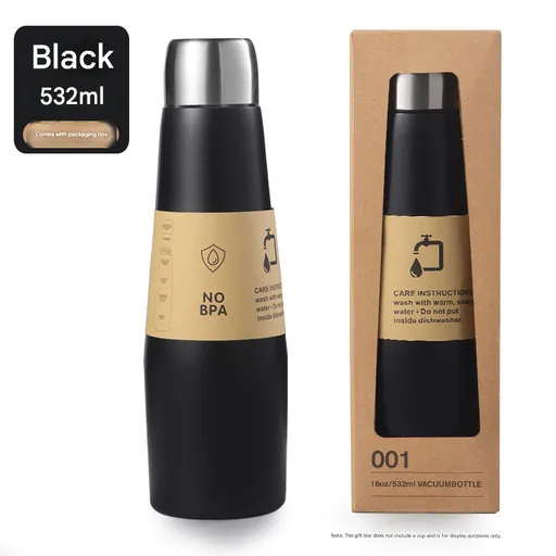 Black Premium 304 Stainless Steel Vacuum Insulated Water Bottle - 532ml Large Capacity Sports Flask with 12-24 Hour Thermal Retention, Leak-Proof Portable Travel Mug for Gym, Office, Car and Outdoor Activities