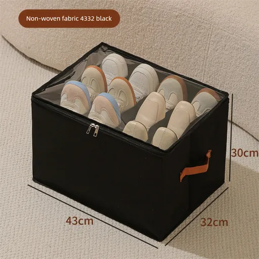 Foldable Shoe Storage Box 12 Compartments Breathable Non-Woven Fabric Wardrobe Organiser with Clear Lid Lightweight Shoe Container Black 43cm
