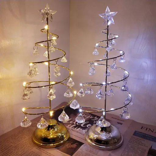 2 Pack Gold & Silver Iron Spiral Crystal Christmas Tree Lamp - Elegant Battery Operated Tabletop Night Light & Ambient Accent LED for Bedroom, Living Room, Birthday & Holiday Decor
