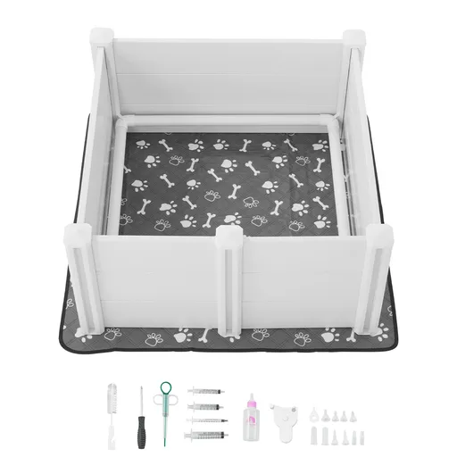 Dogs Whelping Box, 980 x 980 x 460 mm, Plastic PVC Puppies Playpen with Height Adjustable Door and Washable Pee Pad, Anti-Deformation Indoor Puppy Play Pen for Medium Breed Dogs, Milk White