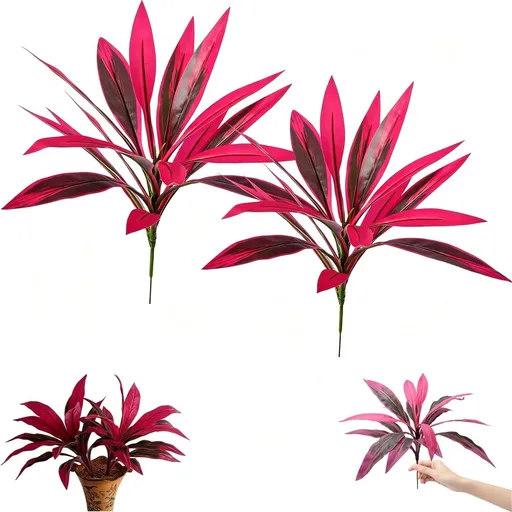 Large Realistic Artificial Boston Fern & Dragon's Blood Tree Plants with 12 Leaves Vibrant Pink & Purple Faux Foliage, UV Resistant Artificial Ferns for Home Garden