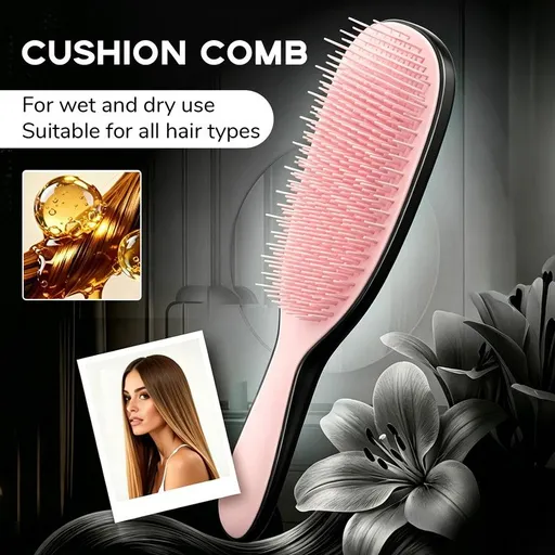 Detachable Silicone Cushion Massage Comb, Wet/Dry Use, Unisex, Suitable for All Hair Types, Volumizing and Smoothing Comb, 7 Colors Available - Black+Pink