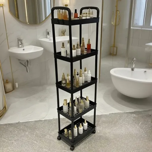 Five-Tier Rolling Cosmetics Storage Rack - Made of durable plastic, equipped with 360-degree swivel casters, strong load-bearing capacity - Suitable for bathroom, bedroom, kitchen, and home storage | BLACK