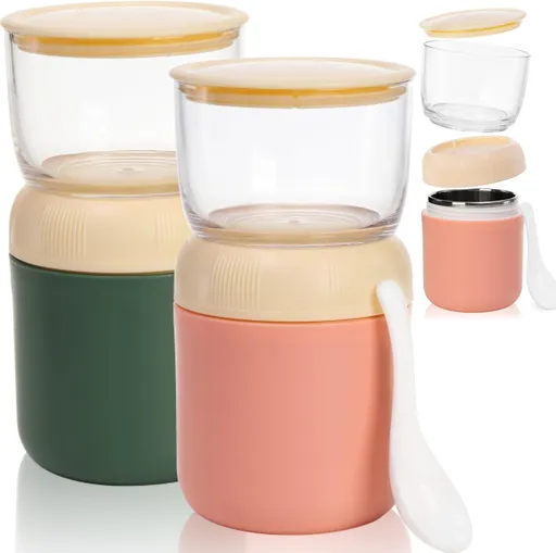 2 Pack Insulated Yogurt Container, 24oz Breakfast On the Go Cup with Plastic Topping Cereal Oatmeal Cup, 2-in-1 Food Storage Jar Lid and Spoon, Overnight Oats Container for Soup Lunch