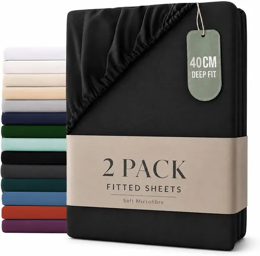 Hotel Quality Fitted sheets - 2 Piece Fitted sheets -Breathable Bedding - Wrinkle, Fade, Stain Resistant- 26inch/40cm Deep Pocket Fitted Bed Sheet-Wrinkle and Fade Resistant,(Black,Double)