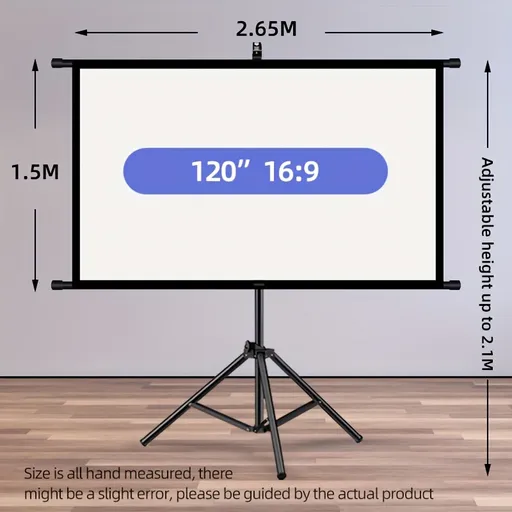 120in Portable and mobile projection screen with tripod stand, 16:9 HD format, suitable for home theater and indoor wall mounting. Made of polyester fabric, easy to set up and use. Ideal for office presentations and home entertainment, ready to use r