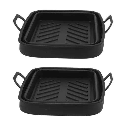 2 Pcs Silicone Air Cooker Pot with Handle Rectangular Fryer Liner Tray Replacement for Kitchen Cooking Accessories Black