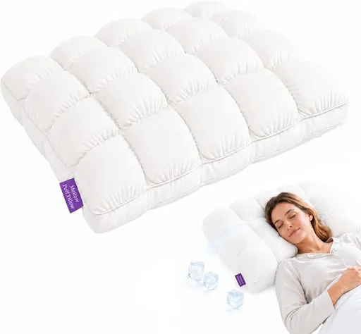 Mellow Puff Cooling Pillow for Sleeping, Fluffy Cloud Pillow with Ice-Silk Touch, Breathable Quilted Grid Design, for Side and Back Sleepers, Machine Washable - White - Size 26in*20in