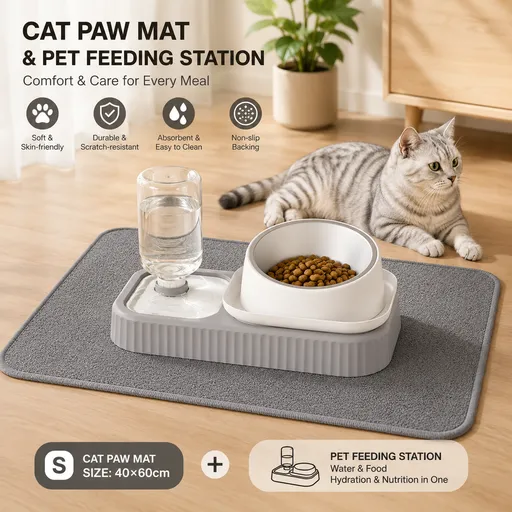 2 pcs Grey and White Cat Feeding Station with Water Dispenser & Slow Feeder Bowl Plus Cat Scratching Mat Set Gery 40x60cm Pet Dining and Furniture Protection Bundle
