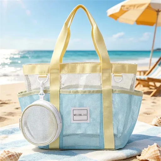 Multi-Pocket Mesh Beach Swim Bag, Dry/Wet Separation, Large Capacity Gym Tote with Bonus Mini Round Mesh Pouch - Beige