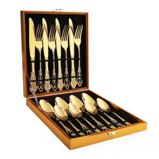 4Set / 16PCS Gold Royal Court Cutlery Set - Vintage Hollow Engraved 410 Stainless Steel Dinnerware with Gift Box