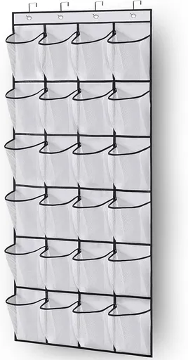 Over the Door Shoe Storage Organizer with 24 Large Mesh Pockets White