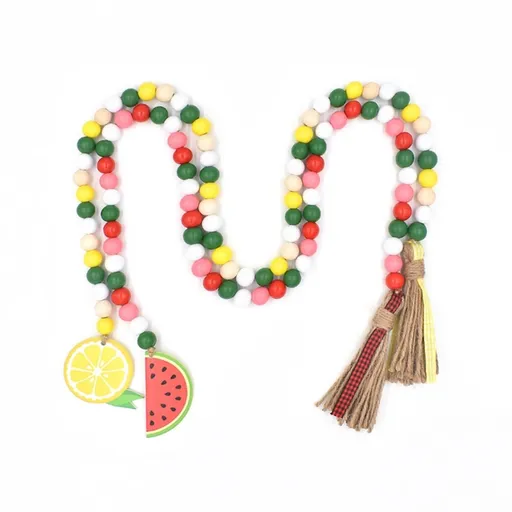 Fruit Wood Bead with Tassels Lemon Watermelon Rustic Beads with Colorful Jute Tassels Decorative wooden bead string