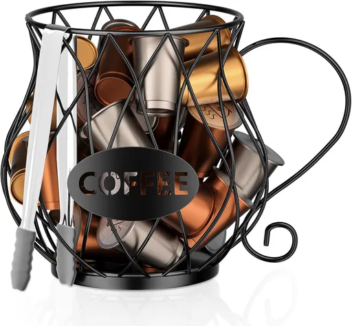 K Cup Holder with Ice Tongs, Large Capacity Coffee Pod Holder for 10-30 Capsules, Metal Wire K Cup Organizer Coffee Pod Organizer, Storage Basket for Kitchen Office Accessories