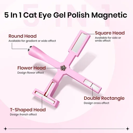 Pink 5 in 1 Nail Magnet Tool for Cat Eye Gel Nail Polish Multi-Function Magnetic Stick for Nails Strong Magnetism for 9D Strip