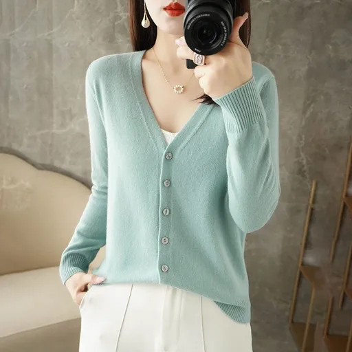 Women V Neck Knitted Cardigan Long Sleeve Sweater mint green Size: S; Height (cm): 155-160; Weight (kg): 45-50; Bust (cm): 82-86; Waist (cm): 66-70; Shoulder width (cm): 37; Length (cm): 58
