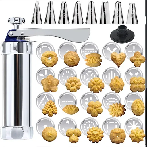 30PCS Mutifunctional Aluminum Alloy Cookie Press Set - Adjustable Thickness Biscuit DIY Maker & Cake Icing Gun with 20 Pattern Discs and 8 Stainless Steel Icing Nozzles