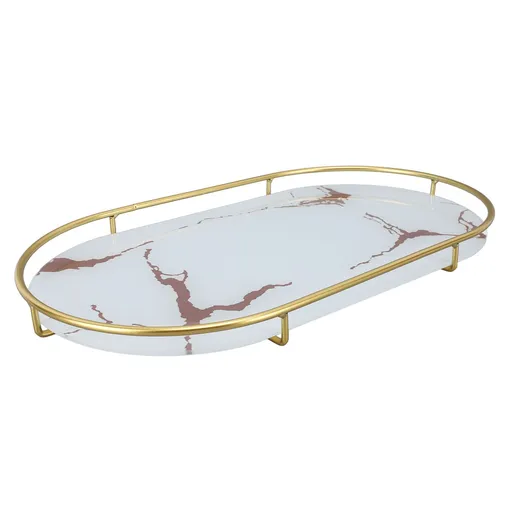 Bathroom Storage Tray Light Luxury Decorative Golden Texture Oval Bathroom Organiser Tray for Soap Towel Paper Napkins Jewellery Makeup White Base
