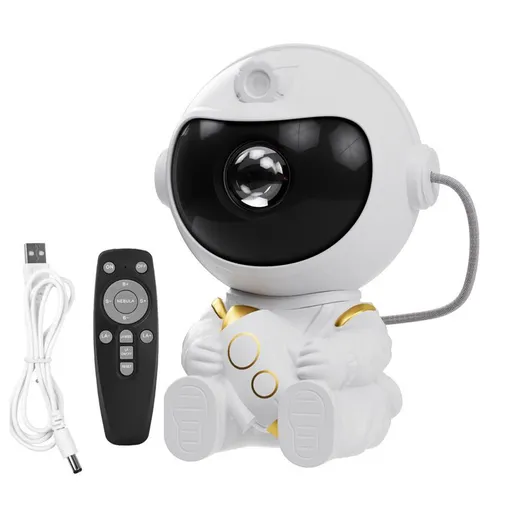 USB Powered Astronaut Nebula Projector & Starry Night Ambient Light with Small Rocket Accents - 8 Nebula Effects, 360° Rotating Head & Remote Control