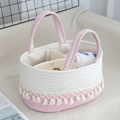 Handmade Woven Cotton Rope Storage Basket, Divided Compartments & Portable Handle, Large Capacity for Clutter, Home Essential(pink)