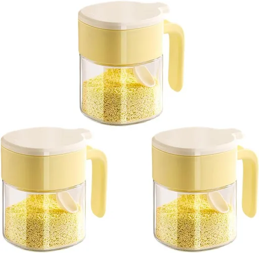 3 Pack Glass Spice Jars with Spoons, Yellow Kitchen Salt and Pepper Shakers, 360 ml