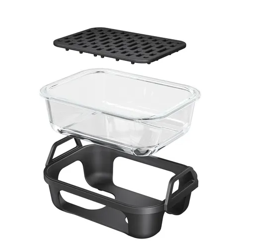Air Fryer Glass Baking Tray Insert with Drain Rack & Support Frame, Heat Resistant Food Safe Cooking Container-Black