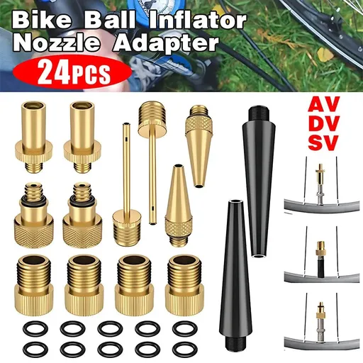 24PCS Bike Valve Adapter Kit Brass Pump Nozzles for Presta AV DV SV Ball Inflator