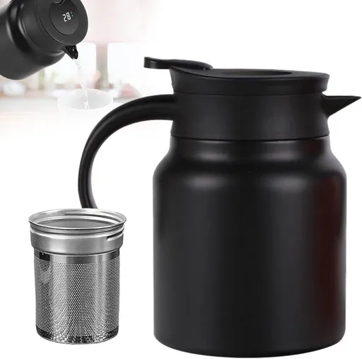 Stainless Steel Vacuum Insulated Teapot With Removable Tea Infuser Filter And Temperature Display Lid For Home Office Black, 1 L