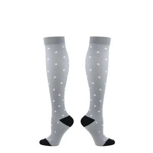 S/M Compression Socks Women Men Nursing Travel Stocking Sport Running - White Polka Dots