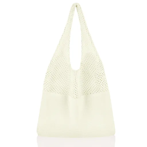 White Women's Large Mesh Beach Tote Bag Boho Crochet Shoulder Shopper Reusable Eco Grocery Net Bag for Summer Travel and Markets
