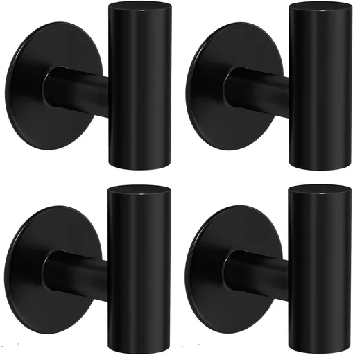 4 Pack Adhesive Towel Hooks for Bathroom, Waterproof Wall Mount Towel Holder, Matte Black Wall Robe Hook, Stainless Steel Heavy Duty Door Hanger Towel Hook for Kitchen, Bedroom, Hotel