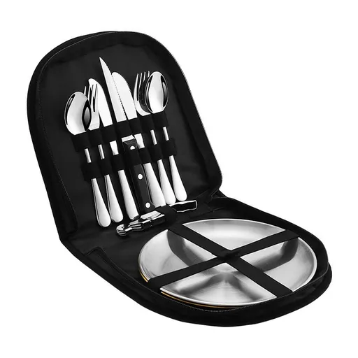 Camping Silverware Set for 2, Reusable Travel Cutlery Set with Case Include Knife Fork Spoon Dish and Beer Cap Opener
