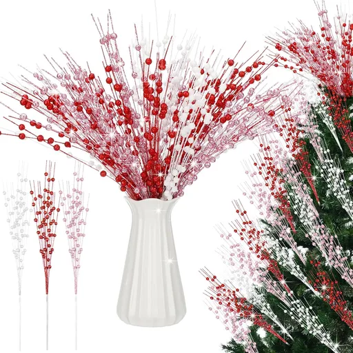 18 Pcs Mother's Day Decoration Valentines Floral Picks Tree Decorations 17 Inch Red and Pink Glitter Berry Spray Christmas Decor for Wreaths Centerpieces Wedding Anniversary -