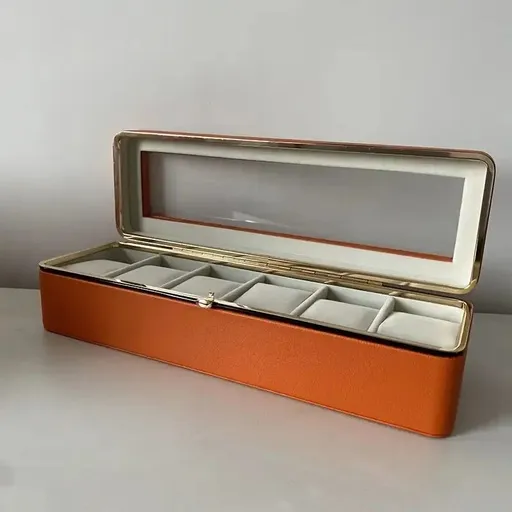 Luxury Watch Box Transparent Lid Six Compartment Brown